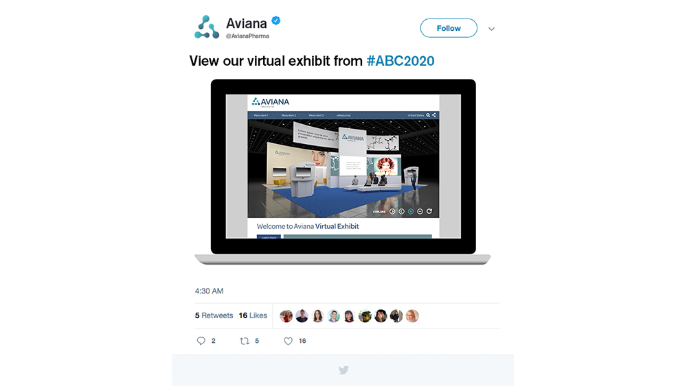 Twitter post by Aviana featuring their virtual exhibit from ABC 2020