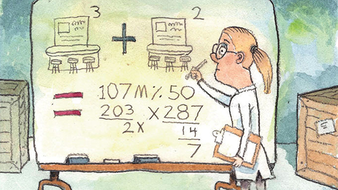 Cartoon of woman solving a math problem